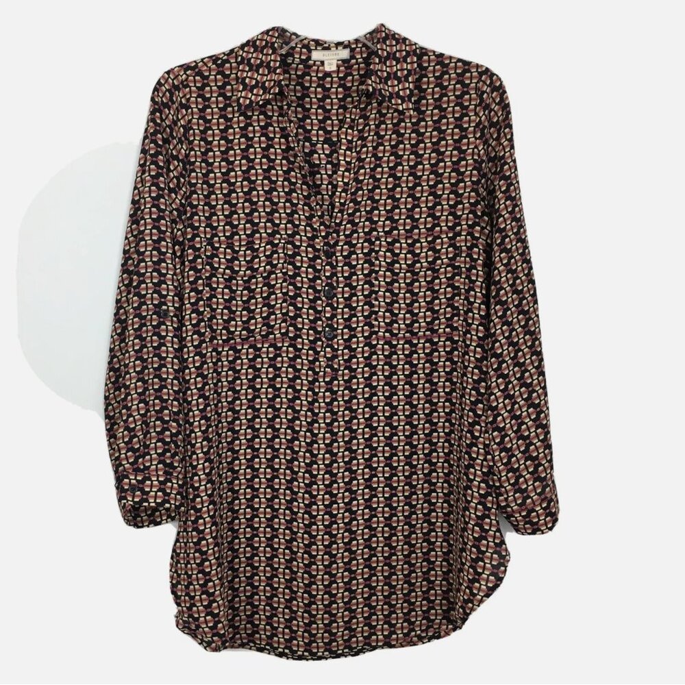 Pleione | Nordstrom Rack | Black Ivory Geometric Tab Sleeve Popover Collar Tunic